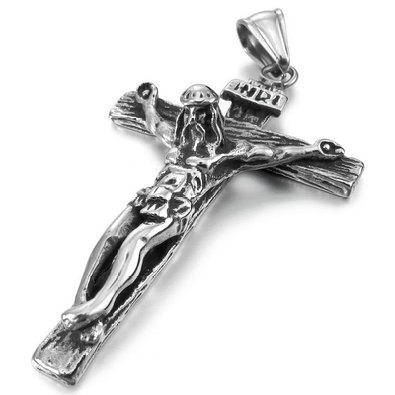Inblue Men's Stainless Steel Silver Black Jesus Christ Crucifix Cross Pendant with 23" Chain