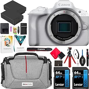 Canon EOS R50 Mirrorless APS-C Interchangeable Lens Camera Body White 5812C002 Bundle with Deco Gear Photography Bag   2 x Battery   2 x 64GB Memory Cards   Accessories Kit