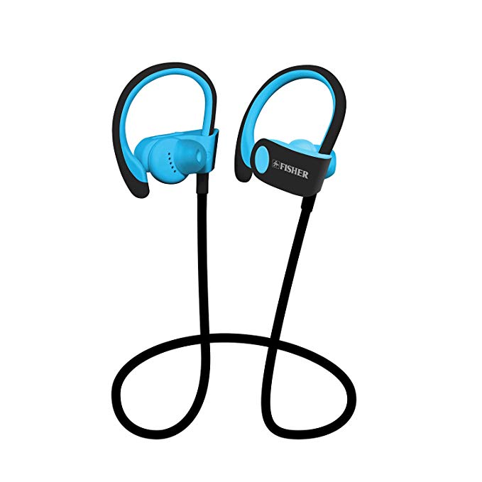 Fisher Bluetooth Headphones, Wireless Over The Ear Earhook, Bluetooth Earbuds Sport, Sweatproof, Secure Fit, Rich Bass, Built-in Microphone - Blue