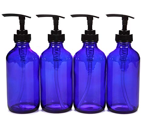 Vivaplex 4 count, large, 8 oz, empty, cobalt blue glass bottles with black lotion pumps