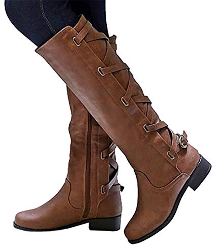 GTealife New Women's Cognac Brown Black Buckle Riding Knee High Faux Leather Cowboy Boots
