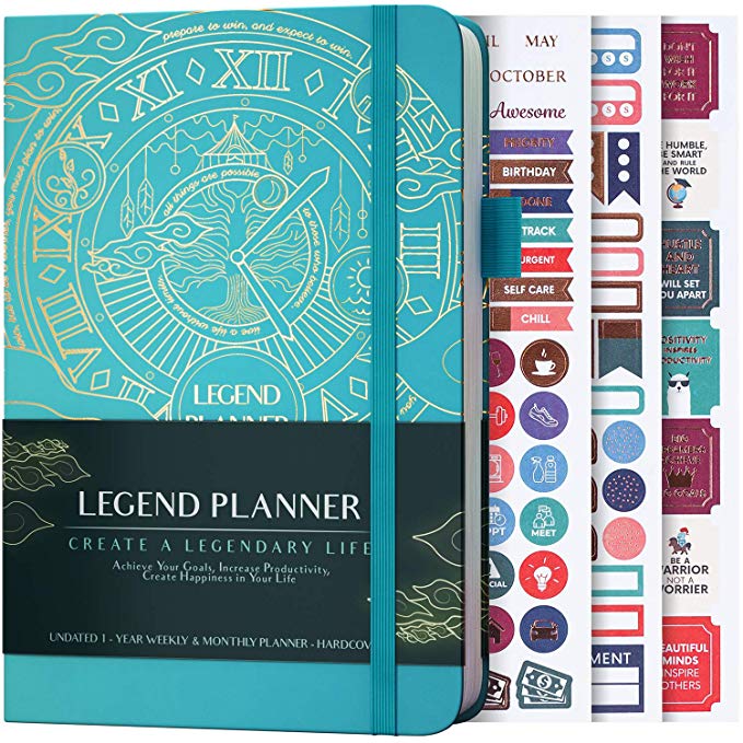 Legend Planner - Deluxe Weekly & Monthly Life Planner to Hit Your Goals & Live Happier. Organizer Notebook & Productivity Journal. A5 Hardcover, Undated - Start Any Time   Stickers - Turquoise