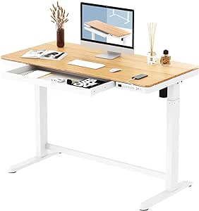 SANODESK Standing Desk with Drawer, Electric Height Adjustable Home Office Desk with Storage & USB Ports, 48 inch Marble Grain Wood Tabletop/White Frame