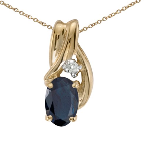 14k Yellow Gold Oval Sapphire And Diamond Pendant with 18" Chain
