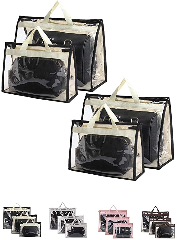 Outgeek Handbag Storage Handbag Organizer Dust Cover Bag Transparent Anti-dust Purse Storage Bag for Hanging Closet with Zipper and Handle (Beige, 4 Pack)