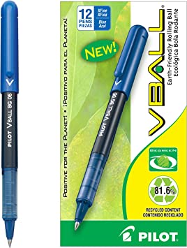 PILOT VBall BeGreen Liquid Ink Rolling Ball Stick Pens, Extra Fine Point, Blue Ink, 12-Pack (53207)