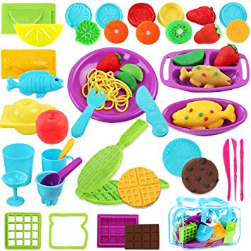 Vankerter Cooking Play Dough Tools Clay Dough Playset Includes Fish, Apple, Lemon, Waffles and Other Molds Cutters Accessories for Kids