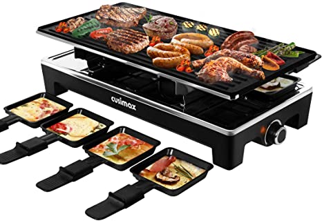CUSIMAX Raclette Grills Electric Grill Table, Portable 2 in 1 Korean BBQ Grill Indoor & Cheese Raclette, Reversible Non-stick Plate, Crepe Maker with Adjustable Temperature Control and 8 Paddles, Black