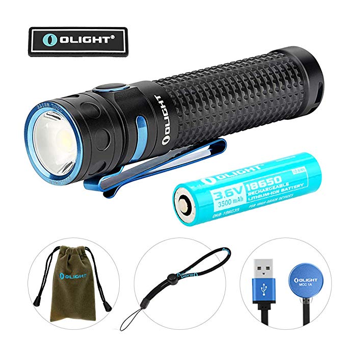 Olight Baton Pro 2000 Lumens Compact Rechargeable Side-Switch LED Flashlight with Single 3500mAh 18650 Customized Battery, Magnetic Charger Cable