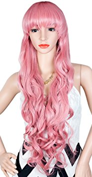 32 Inches Pink Long Big Wavy Cosplay Synthetic Hair Wigs for Women