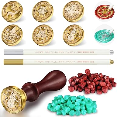 209 Pieces Christmas Wax Seal Stamp Kit Xmas Wax Seal Kit Includes 6 Wax Seal Stamp Brass Head with Wooden Hilt 200 Wax Seal Beads in 2 Colors, 2 Metallic Pen for Crafts (Deer Style, Red, Green)