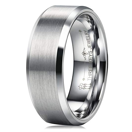 Three Keys Jewelry 4mm 8mm Tungsten Wedding Ring Brushed Center Beveled Edge Wedding Band Engagement Ring