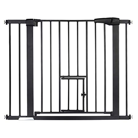 KingSo 40.5'' Auto Close Safety Baby Gate Extra Wide Metal Walk Thru Baby Gate with Pet Door for House Stairs Doorways Hallways, Includes 2.75'' 5.5'' Extension Kit, 4 Pressure Bolts, 1 Key(Black)