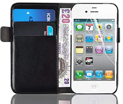 iPhone 4 Case - Luxury Edition Leather Wallet Cover for iPhone 4 4s, Black
