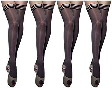 MILIAN Antiskid Lace Top Sheer Glossy Thigh High Stockings 4 Pairs