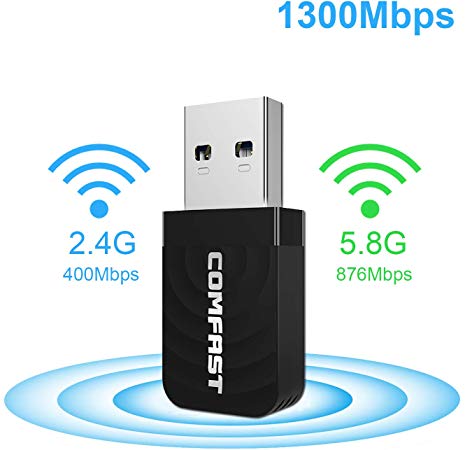 USB WiFi Adapter 1300Mbps USB 3.0 WiFi Dongle 802.11 ac Wireless Network Adapter with Dual Band 2.4GHz/400Mbps 5GHz/866Mbps for Desktop Windows XP/7/8/10 Mac10.9-10.14