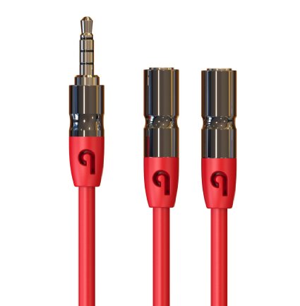 PlugLug 35mm Headphone Splitter - 35mm Male to 35mm Double Female Cable Red - New Design for iPhone iPad Smartphones