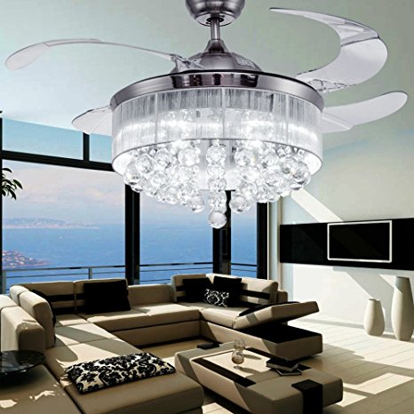 COLORLED Ceiling Flush Mounted Light Kit Crystal Silver Drawing Retractable 42-Inch Ceiling Fan for Living Room Bedroom Restaurant Three Color Changing Fan Chandelier Lighting