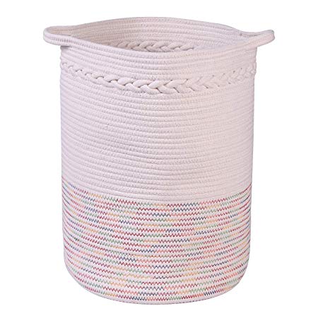 OLLVIA Cotton Rope Storage Basket,Woven Cotton Laundry Basket with Handles, for Baby Nursery Organizer,Cute Cotton Basket for Toy Storage, 13"X 18"