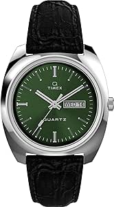 Timex Men's Q 1978 Day/Date 37mm Watch - Black Strap Green Dial Stainless Steel Case