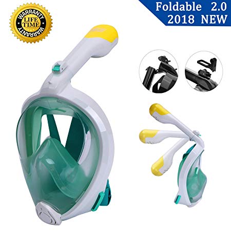 Full Face Snorkel Mask 2.0 Foldable Full Face Snorkeling Diving Scuba Mask with Detachable GoPro Mount, 180°Panoramic Easy Breath Anti-fog for Adults Youth