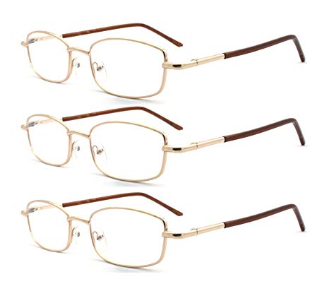 EYE-ZOOM 3 Pairs Classic Spring Hinged Rectangular Reading Glasses for Men and Women, Gold, 1.25 Strength