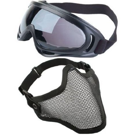 TOOGOOR 2 in 1 Protection Steel Mesh Face Mask with X400 UV Safety Goggles Airsoft Paintball Black