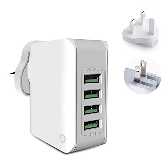 USB Charger - 4-Port Charger With 22W Output / 100V-240V Input - Can Charge 4 Devices At Once - Fire & Temp Resistant Plastic - Compatible with Samsung, Apple iPhone, Android & GoPro - (White)