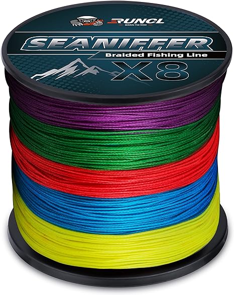 RUNCL X8 Braided Fishing Line, Pro Grade Tournament PE Line for Fresh/Saltwater, Abrasion Resistant, No Stretch, Hi Vis Multi-Color Measure Line, 328/546/1093 yds, 8-200 lb, Fishing Gift