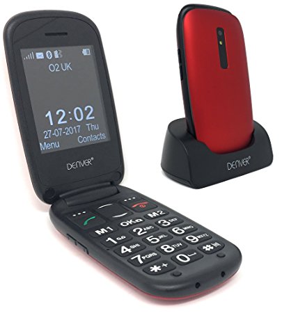 Denver GSP-130 Red Big Button Easy to Use Flip Mobile Phone with SOS Quick Call Button, SIM Free Unlocked, Charging Dock & Bluetooth