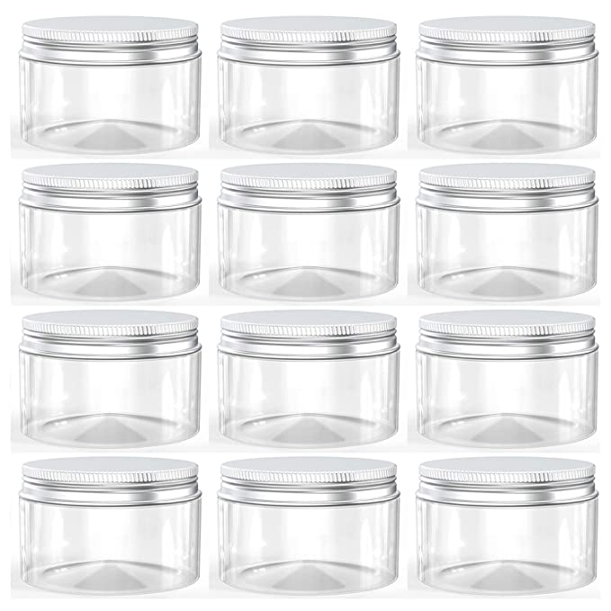 1 Ounce Plastic Jars with Aluminum Lid Leak Proof Clear Containers Jars for Store Liquid, Cosmetic, Cream, 12 Pcs