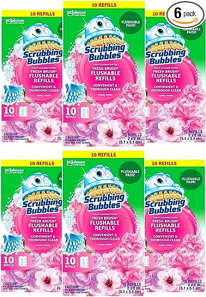 Scrubbing Bubbles Fresh Brush Flushables Refill, Toilet and Toilet Bowl Cleaner, Eliminates Odors and Limescale, Floral Fusion Scent, 10ct- Pack of 6 (60 Total Pads)