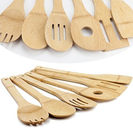 Huji Bamboo Wooden Kitchen Cooking Utensils Gadget Set of 6 (Spoon, Spatula, Fork, Single Hole Spoon, Slotted Spoon, Slotted Spatula) Eco-friendly Kitchen Tools Accessories, Dishwasher Safe
