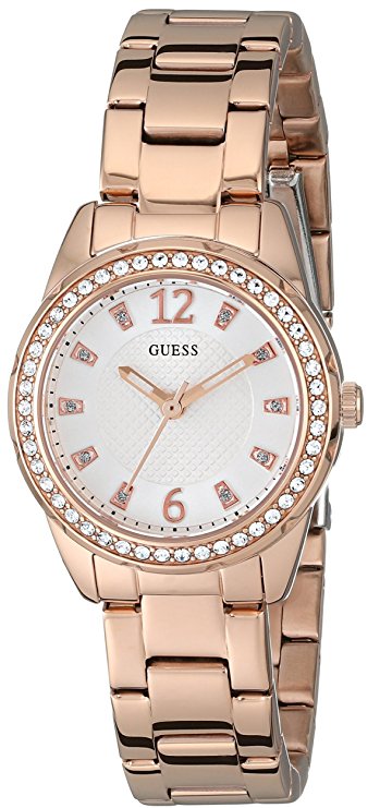 GUESS Women's U0445L3 Sporty Rose Gold-Tone Watch with White Dial , Crystal-Accented Bezel and Stainless Steel Pilot Buckle
