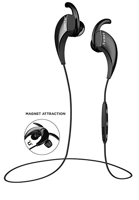 Bluetooth Headphones , Wireless Headphones Earbuds-Aumet Magnetic Sports Sweatproof , Lightweight Stereo Noise Cancelling In Ear Earphones Earpieces for Running,Gym,Workout with Built-in Mic-Black