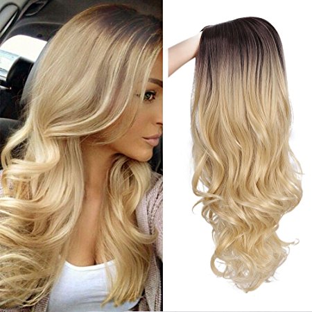 ForQueens Ombre Long Curly Wig 2 Tone Blond Synthetic Party Wigs for Women Middle Part Full Wigs with Heat Resistant Fiber Cosplay Wigs