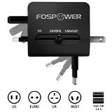 FosPower FUSE World-Wide Universal AC International Adapter Travel Charger with Dual 31A USB Charging Ports US UK EU AU - Black