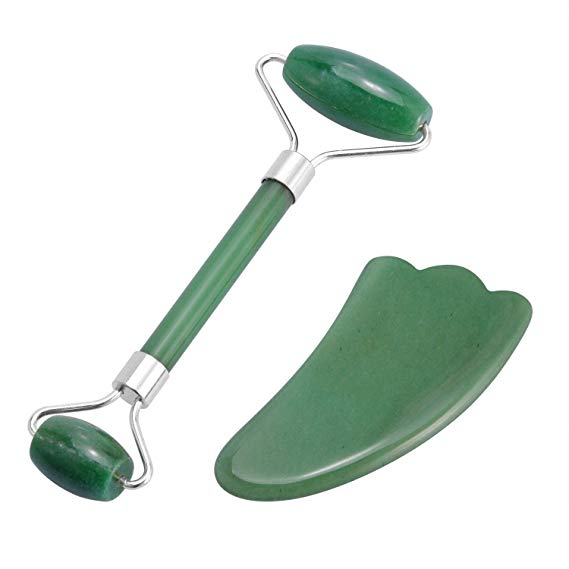 Jade Roller for Face and Gua Sha Set –100% Real Jade Natural Stone Facial Messager Anti Aging and Skin Rejuvenate Beauty Skincare Tool for Face Messaging, Neck Sliming and Eye Rolling (Green C)