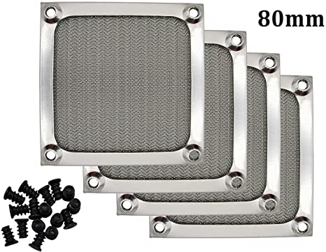 80mm Computer Fan Filter Grills with Screws, Aluminum Frame Ultra Fine Stainelss Steel Mesh - 4 Pack (Silver)