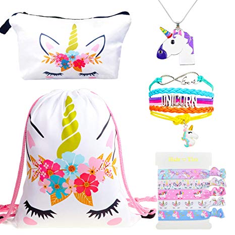 DRESHOW Unicorn Gifts for Girls Drawstring Backpack/Make Up Bag Unicorn Set Children Party