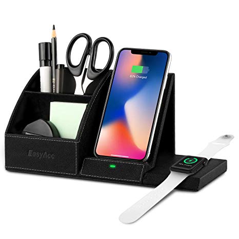 EasyAcc Wireless Charger Desk Organizer with iWatch Charging Holder Stand, PU Leather Induction Qi Charger for iPhone 11 Pro XS MAX XR X 8 Plus, Samsung S10 S9 S8 Plus Note 8, Storage Caddy Pen Holder