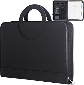 Portable Business Padfolio Portfolio Case with 4 Ring Binder & Zipper, Handle PU Leather Portfolio Folder (Black)
