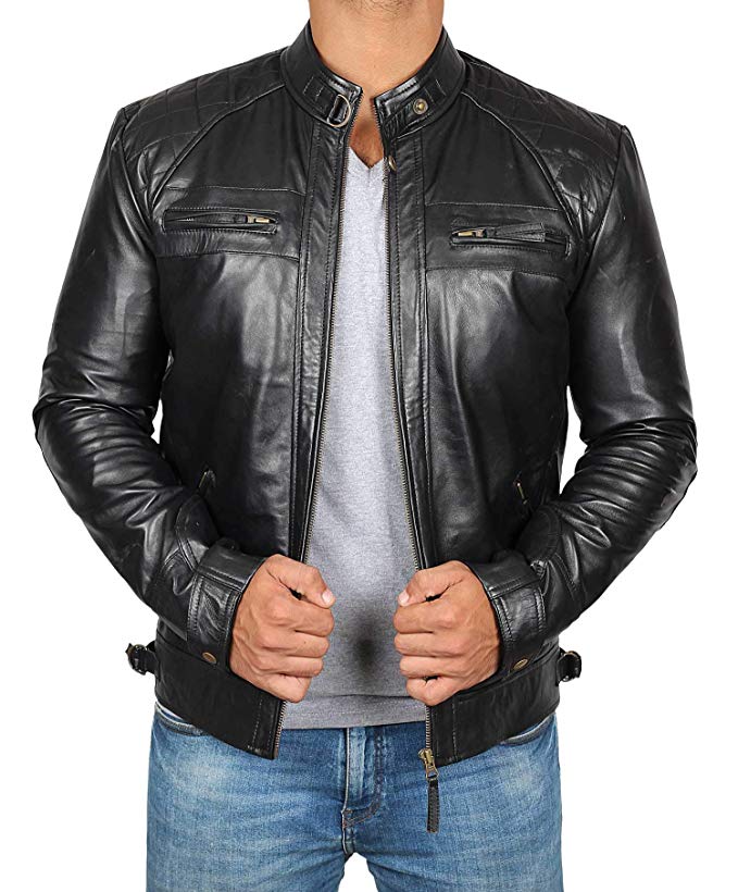 Brown Leather Jacket Men for Bikers - Distressed Lambskin Waxed Motorcycle Leather Jacket