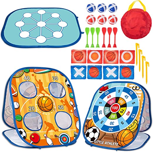 3 in 1 Bean Bag Toss Game Set for Kids, Outside Toys for Kids Toddlers Ages 3-5 4-8 4-7, Collapsible Cornhole and Dart Board with 8 Bean Bags, Crab & Turtle Themed, Birthday Gift for Boys Girls