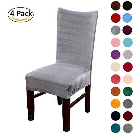 Colorxy Velvet Spandex Fabric Stretch Dining Room Chair Slipcovers Home Decor Set of 4, Silver Grey