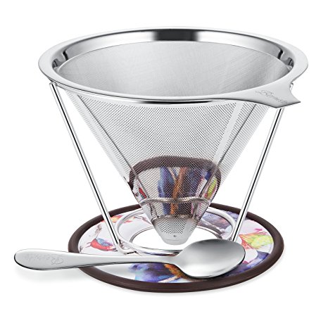 Bernito Stainless Steel Pour Over Coffee Dripper - Paperless Reusable Pour Over Coffee Filter and Double Mesh Coffee Maker with Stand and Spoon