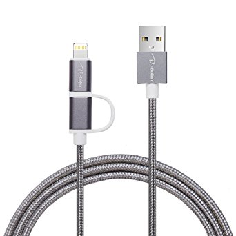 I-Bollon 3ft 2 in 1 Metal Nylon Braid USB Cable for iphone6 iPhone 6 Plus 5S 5C 5 4S, iPad Mini, Samsung Galaxy S5 S4 Note, Nexus, HTC, Motorola, Nokia, PS Vita, Gopro, more Phones and Tablets (Grey)