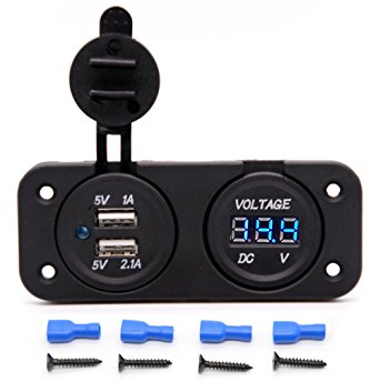 Cllena Waterproof Dual USB Charger Adapter 2.1A/1.0A   12V-24V LED Voltmeter Panel for Motorcycle Car Boat Marine Carvan (Blue LED)