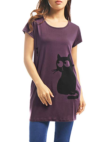Allegra K Women's Round Neck Short Sleeves Contrast Cartoon Cat Print Tunic Tops