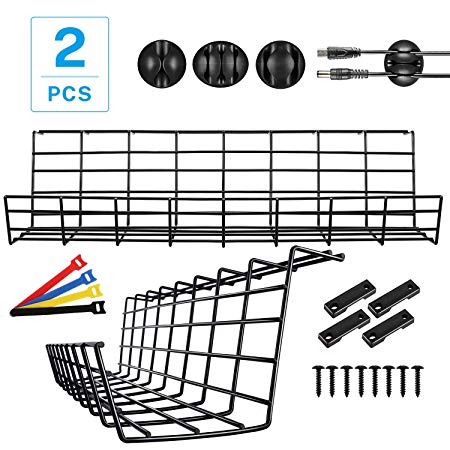 Magicfly Under Desk Cable Management, Cable Organizer Tray with 3 Cord Holders and 4 Cable Ties, Metal Wire Cable Tray for Office & Home, Black, 2 x 17 Inch